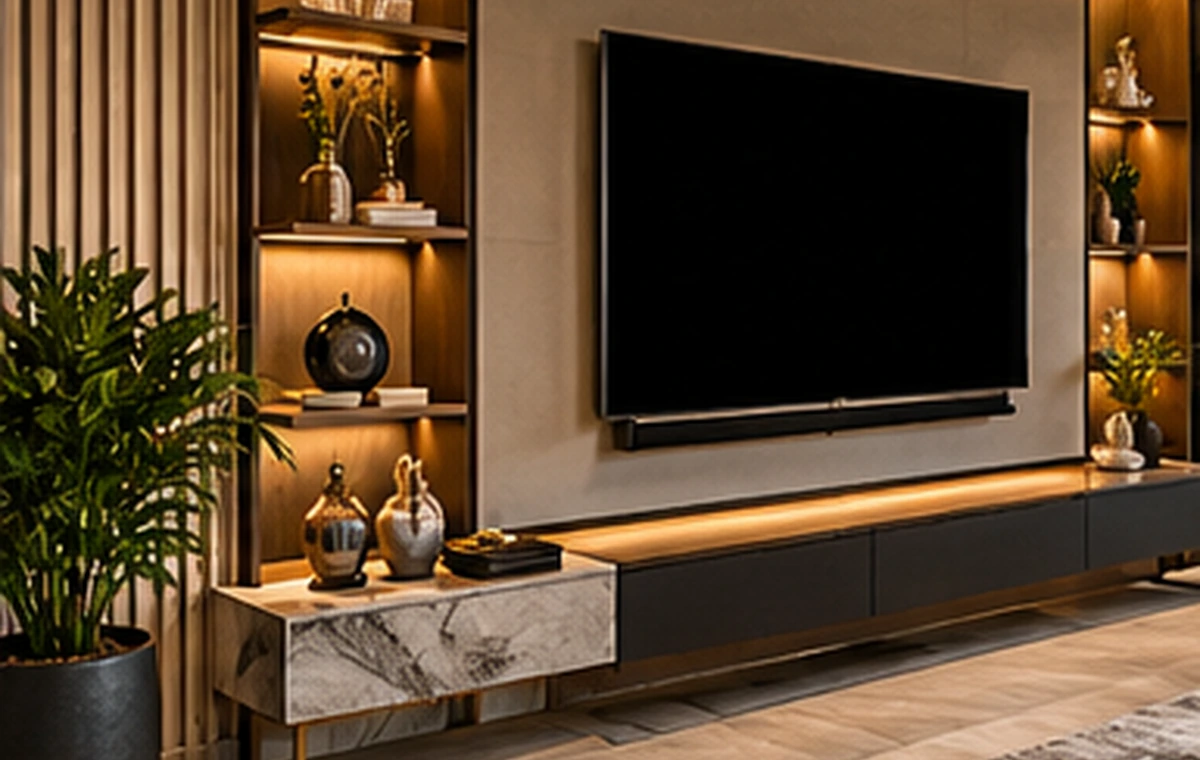 Modern salon dekorasyonu ve TV ünitesi